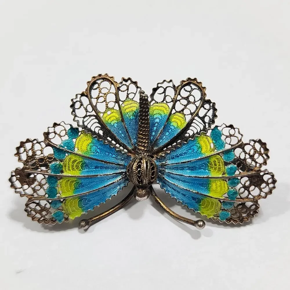Vintage 800 Silver Butterfly Brooch Filigree Plique A Jour Enamel Blue Green